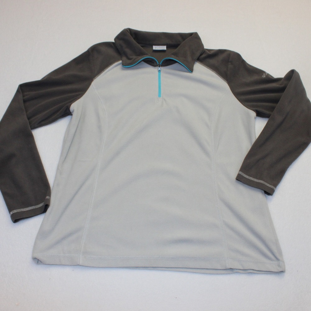 Columbia Fleece Pullover Womens XL Gray Charcoal Turquoise Quarter Zip Raglan